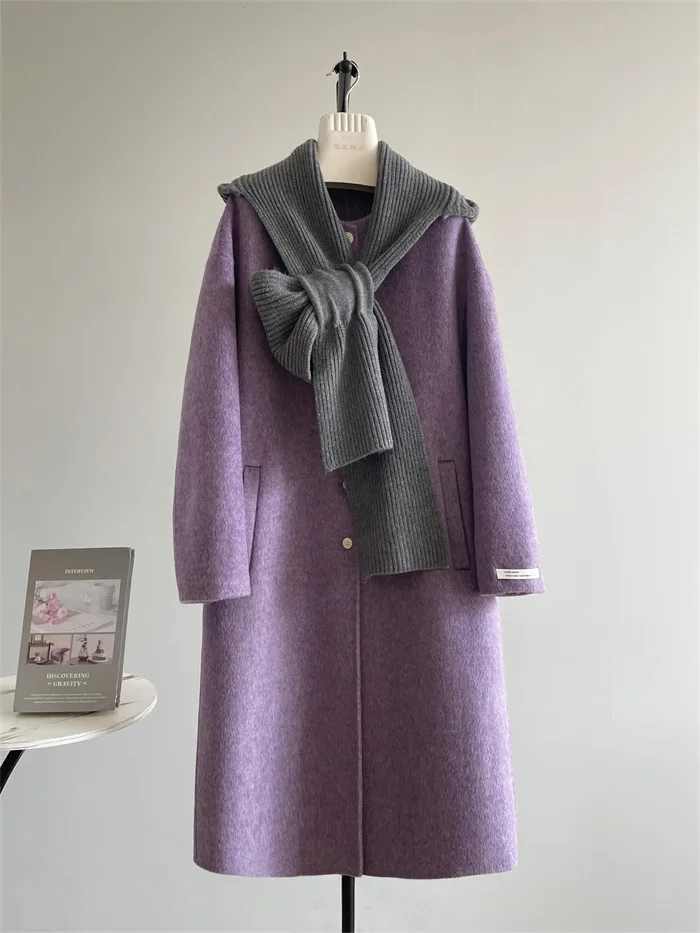 

2026 Elegant Autumn/Winter Mid Length Blends Office Lady Outwear Double Sided Sheep Woolen Coat with Knitted Hat