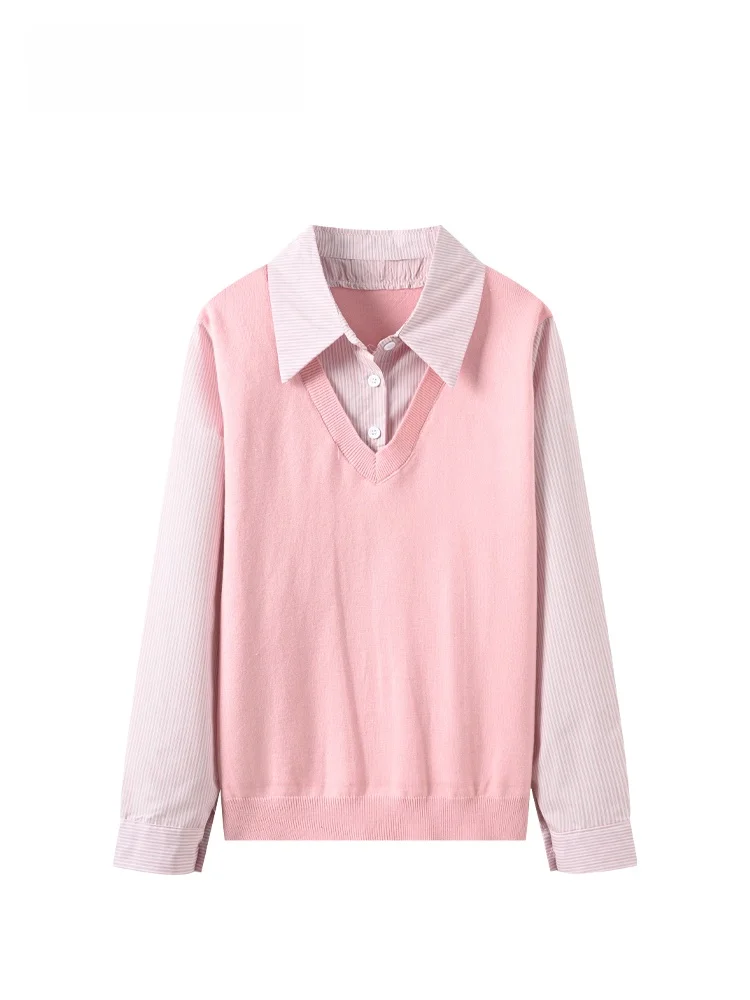 

Женская весенняя универсальная молодежная блузка больших размеров с длинным рукавом, имитация двухслойности, модный топ в студенческом стиле, полиэстер