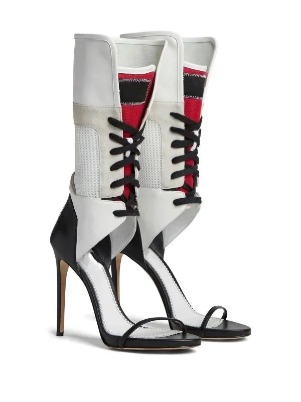 

Street Style Green Round Toe Mid-Calf Women Sandals Boots Stiletto High Heels Lace Up Design Large Size Cool Girls Shoes
