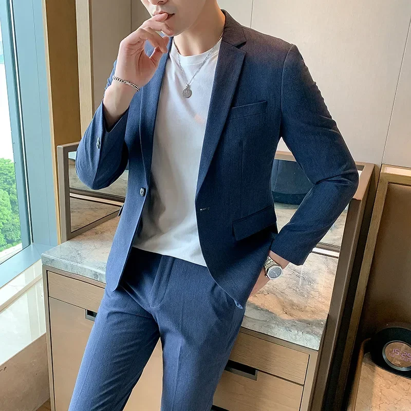 High-end Men's Suit Blue Black White Business Casual Slim Fit 2 Piece Set British Elegant (Jacket + Pants) Groom Wedding Dress