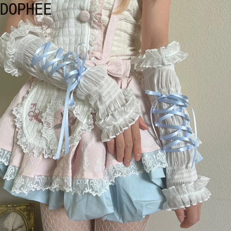Japanese Summer Sun Protection Sleeves Women Cute Lace-up Bow Lolita Hand Sleeve Elegant Mesh Ruffles Princess Arm Warmer