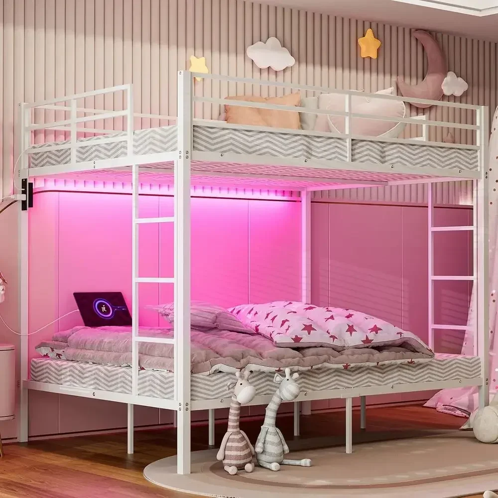 Heavy-Duty Metal Full Size Bunk Beds with LED Lights, Charging Station, Safety Rail & 2 Ladders, Space-Saving, White