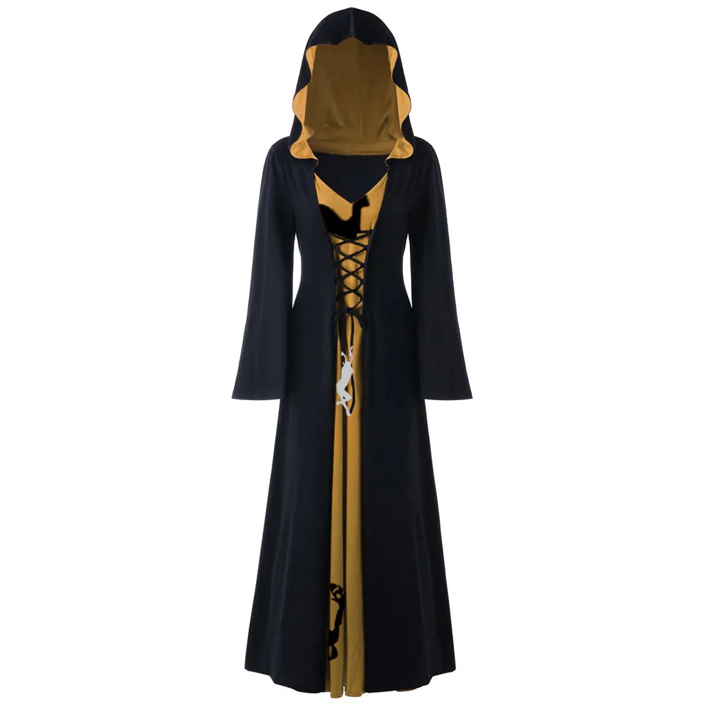 Abito medievale per donna Costume da adulto con cappuccio Vintage con lacci Costume lungo da strega vampiro spaventoso di Halloween di natale Cosplay retrò