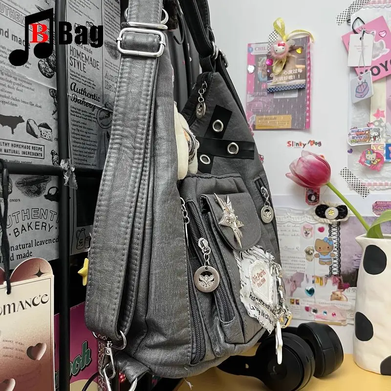 Y2K Gothic Women Lolita Spicy Girls Punk One Shoulder Handbags Harajuku Female Grade Grey Star Bone Soft Skin Underarm Bag Totes