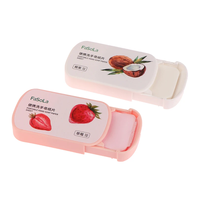 50Pcs/Box Strawberry Coconut Scented Slice Paper Cleaning Soaps Washing Hands Portable Aromatic Soap Papers Body Cleansers