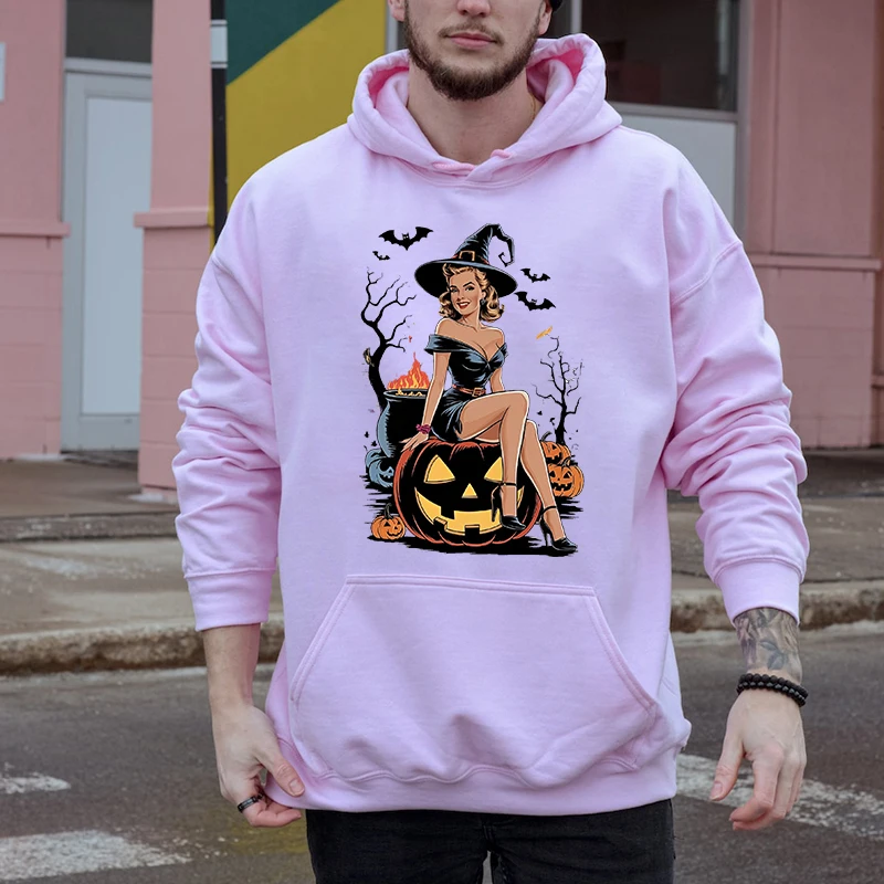 Haunted Halloween The Witch on the Pumpkin Printed Men's Autumn and Winter Hoodie Plus Velvet Sports Sweater Loose Top