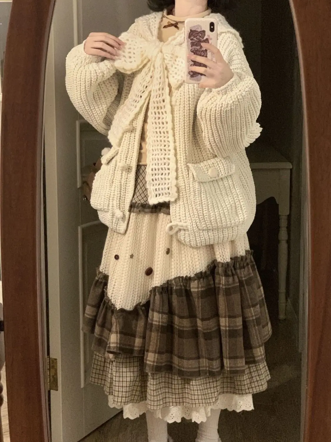 Large Size Vintage Brown Plaid Asymmetrical Heavy Splicing Half Skirt Women's Autumn Winter Forest System High Waist Slim A-L...