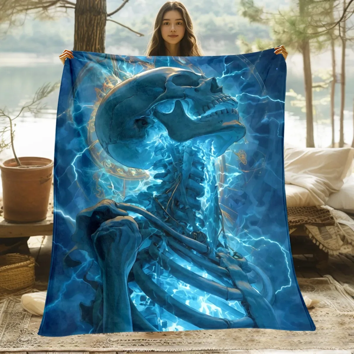 Electric Blue Skeleton Skull Print Throw Blanket Plush Cozy Sofa Decorative Gothic Art Sci-Fi Bedding Throw Winter Warming Gift