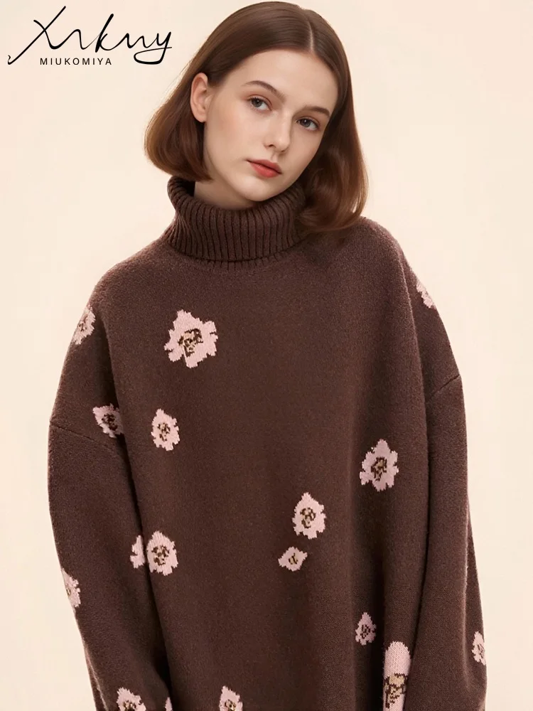 MiuKoMiYa 特大花柄セーター女性のための冬秋ニット暖かいプルオーバー女性ジャンパー女性のセータータートルネック