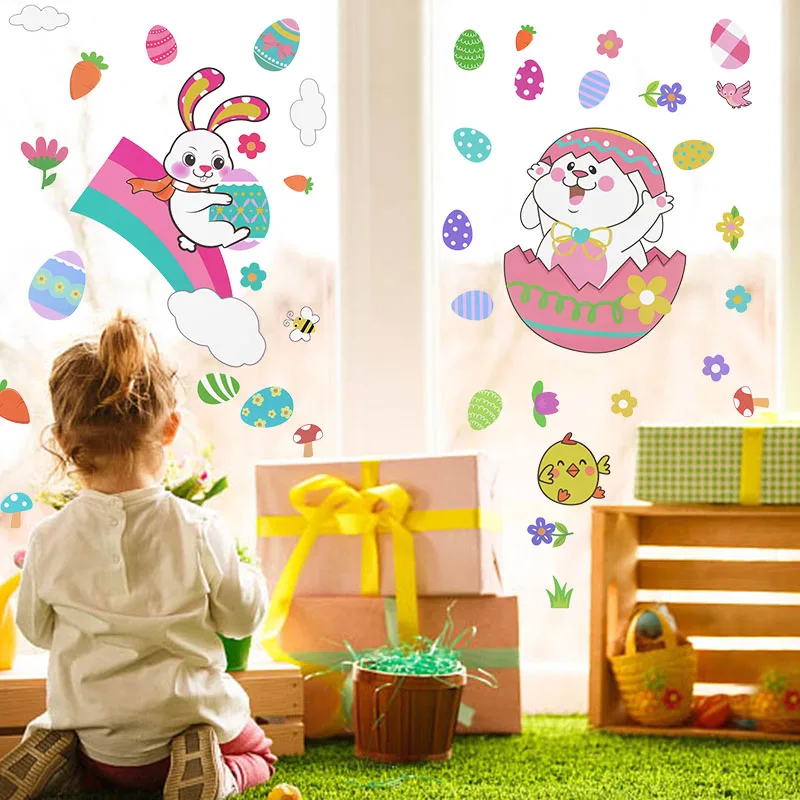 

Easter Window Stickers Rabbit Eggs Carrot Wall Glass Sticker 2025 Happy Easter Party Decorations DIY Pvc Electrostatic Decals