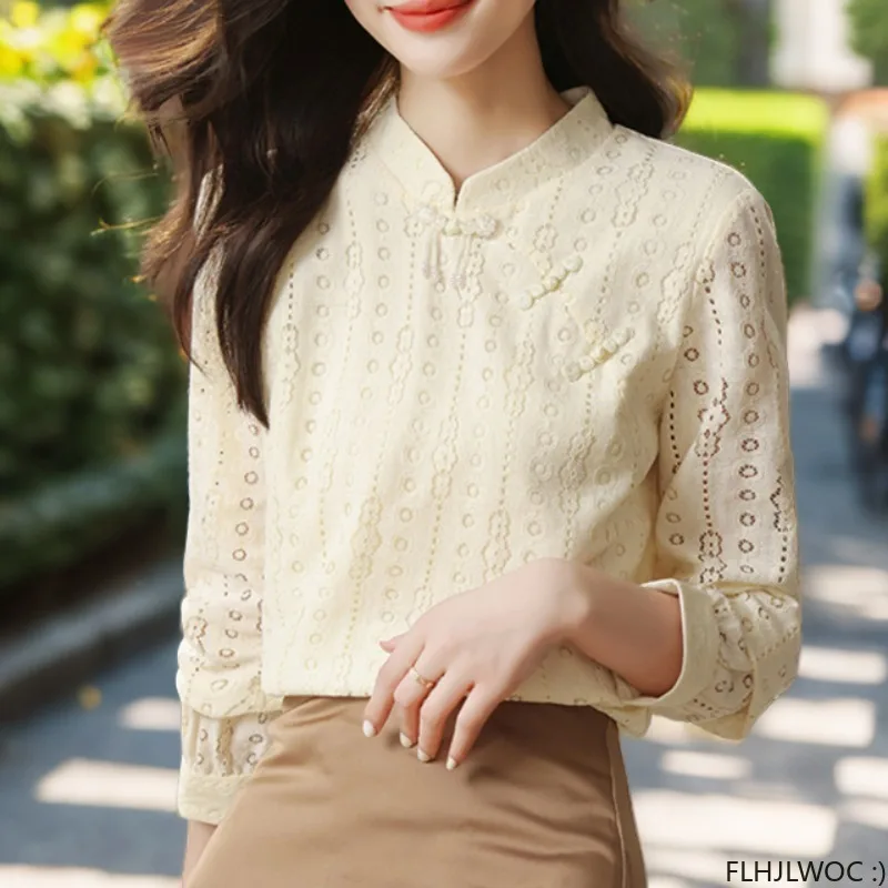 Hot Chinese Style Chi-pao Collar Design Tops 2024 Women Office Lady Girls Elegant Retro Button Lace Shirt Blouse Vintage