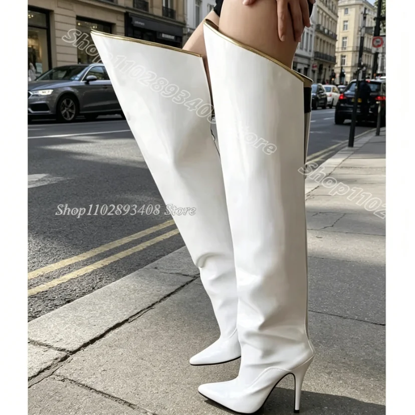 

White Pointed Toe Stiletto Boots Patent Leather British Style Back Zipper New Fashion Over Knee Sexy Boots Zapatos Para Mujere