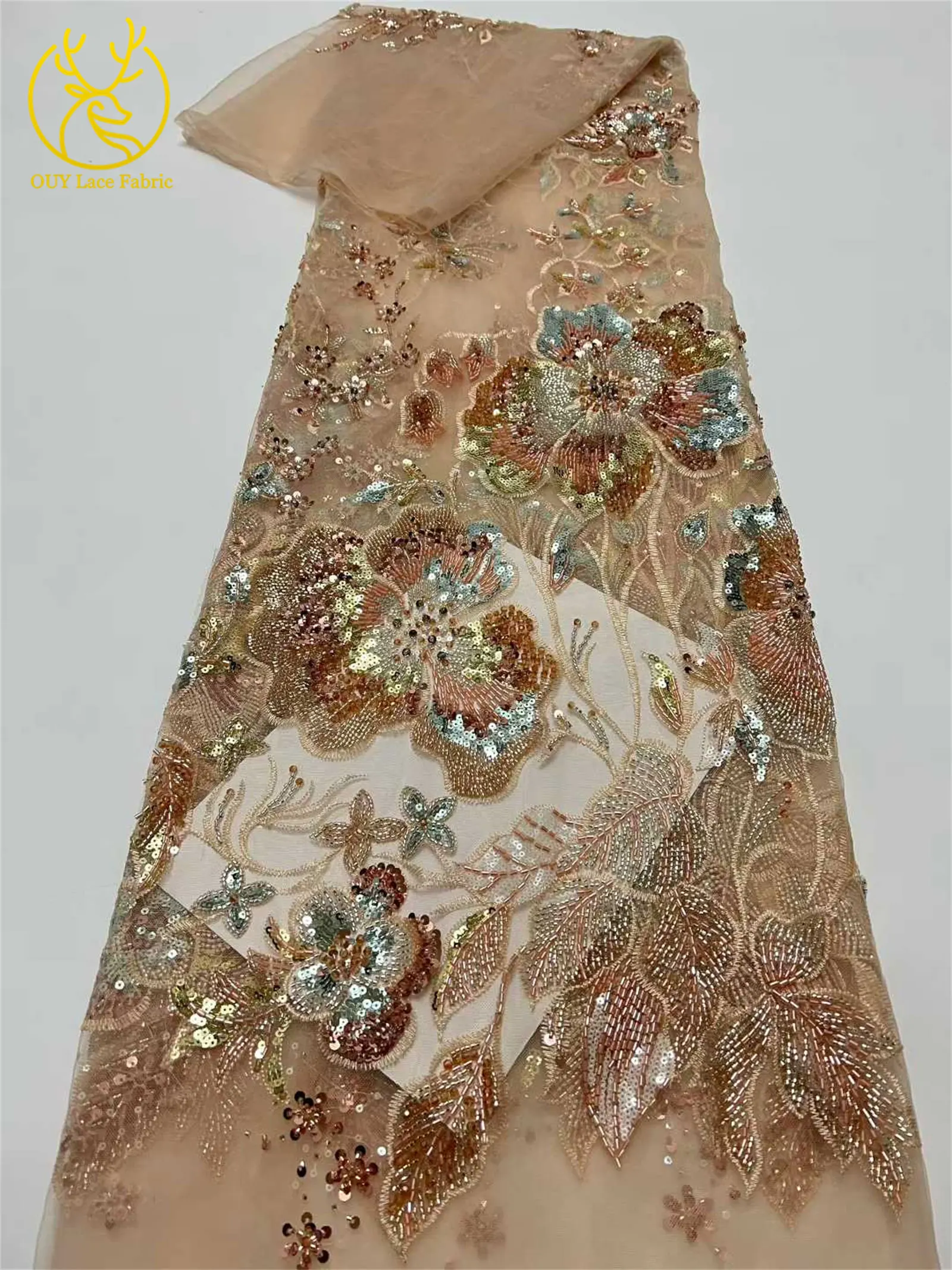Afrikanischer schwerer Perlen-Spitzenstoff, 5 Yards, luxuriöse französische Pailletten-Spitze, Nigeria-Stickerei, Tüllspitze für Hochzeitskleider – Detail 4