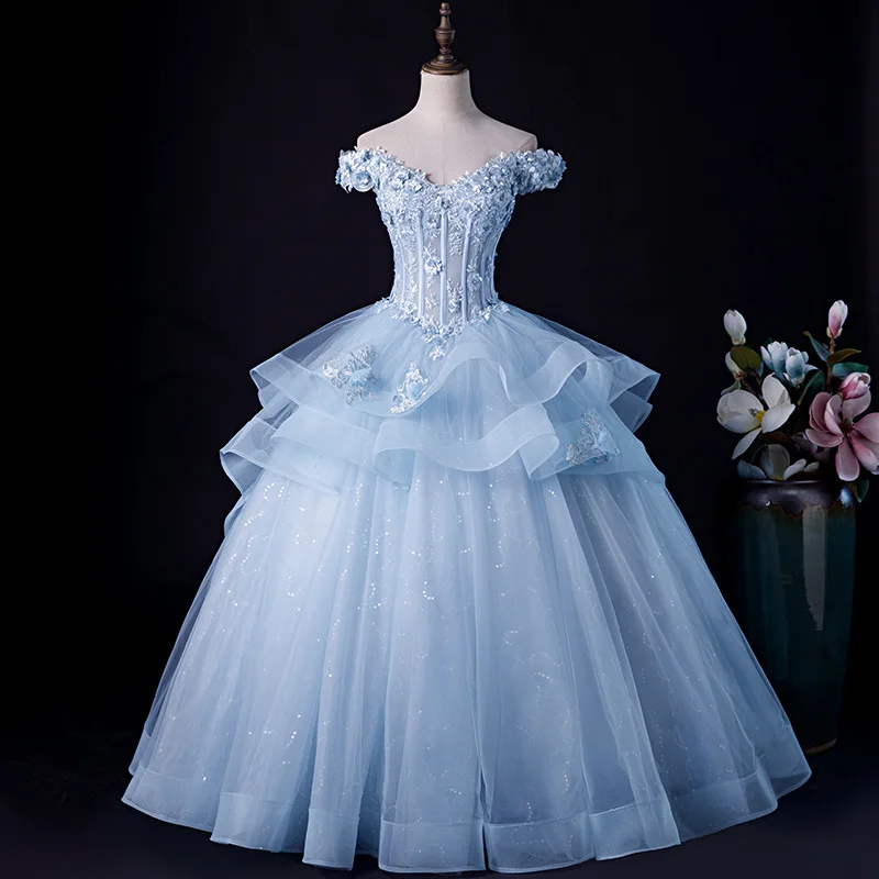 

Blue Ball Gown Women Quinceanera Dresses Off Shoulder Appliques Prom Birthday Party Gowns Formal Vestido De Noche Abenkleider