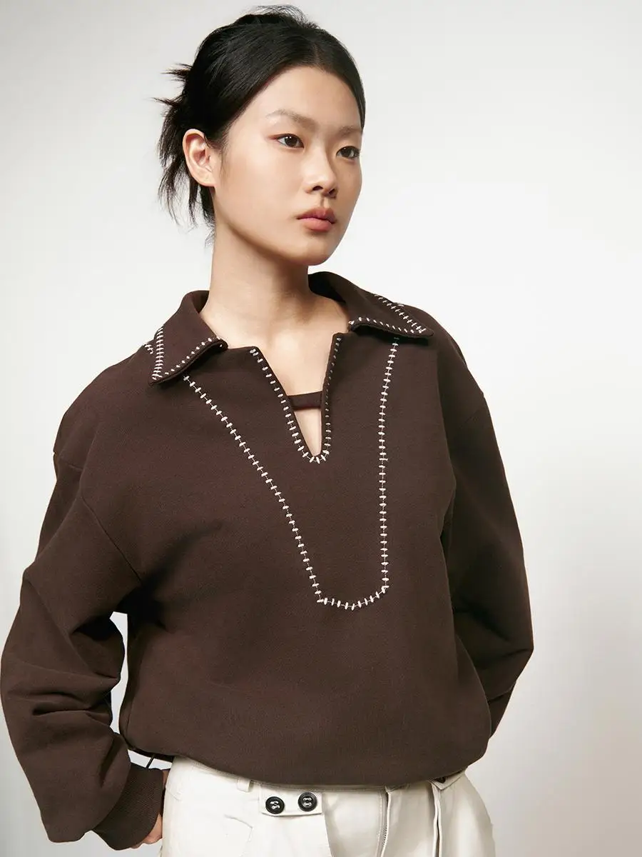 

Brown Long Sve Ne Embroidered Loose Fit Sweatirt Comfortable Cotton Crew Ne Pullover Autumn Faion