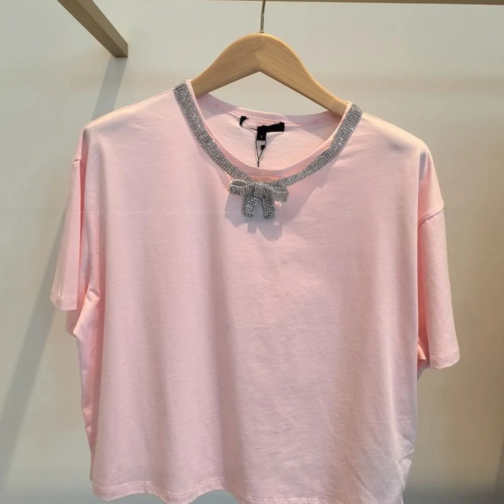 Spring Summer Fashionable T-Shirt with Embroidered  Knot round Neck Knitted Top with Diamond Decoration Women'swear