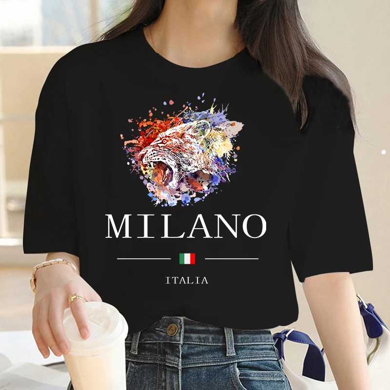 MILANO Leopard Women's Round Neck Short Sleeve Cotton T-Shirt Carnival Christmas Holiday Luxury Brand TShirt Top