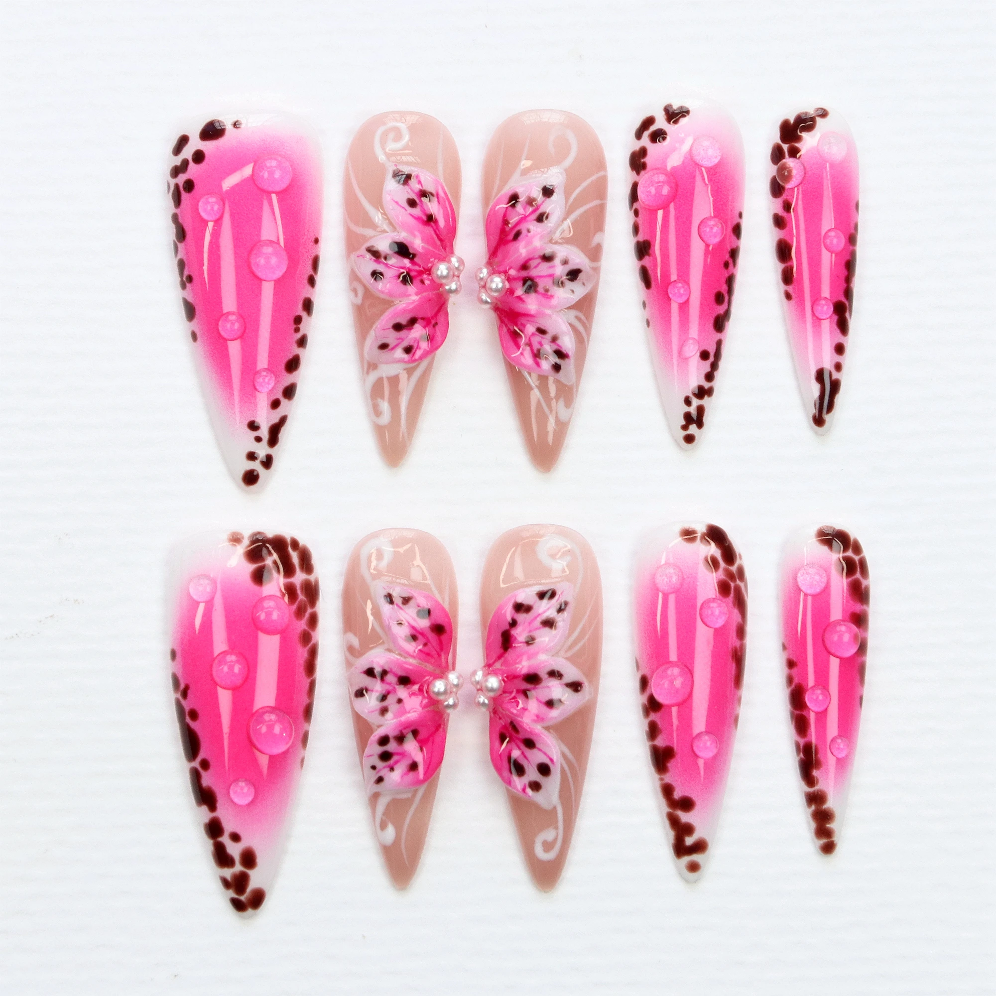 10Pcs 3D beautiful handmade Manicure Press On Nails, Acrylic Fake Handpainted  Flowers Custom Design Adhesive Nail File Set