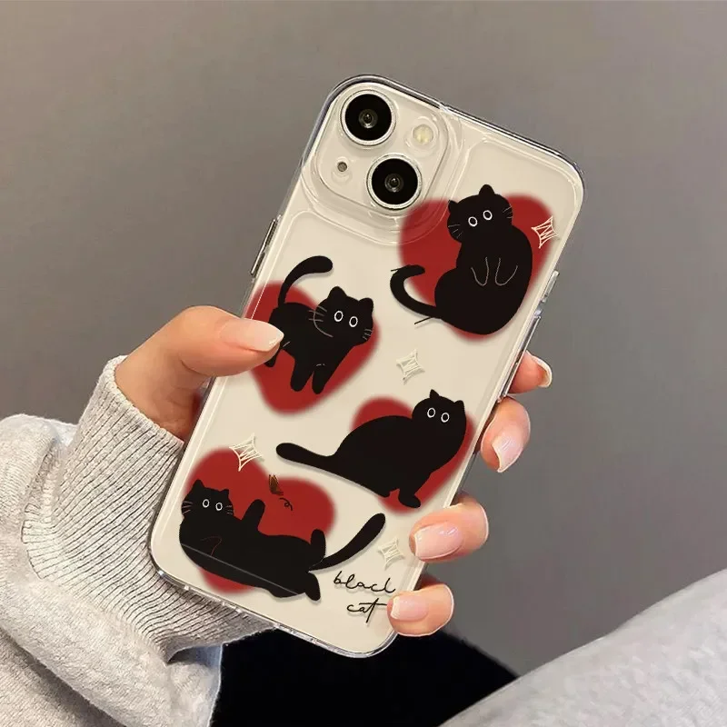 Ins Lovely Love Heart Black Cat Phone Case For iPhone 16 Pro Max 15 14 13 12 11 Pro X XS XR 7 8 Plus SE Cartoon Soft Clear Cover