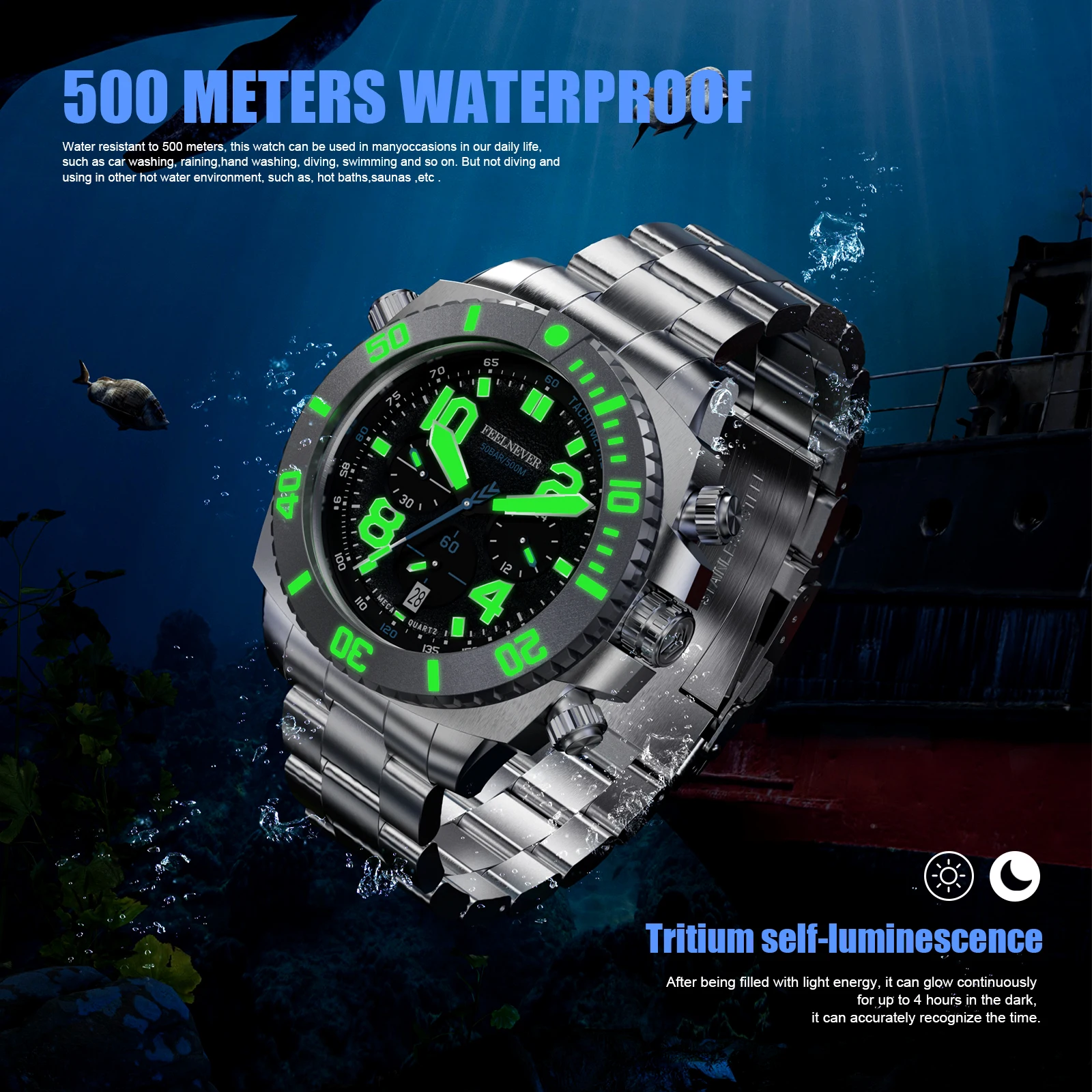 FeelNever Sport Dive Quartz Watch For Men 316L Stainless Steel Sapphire Big Dial Mens Watches 500M Waterproof Clock Reloj Hombre