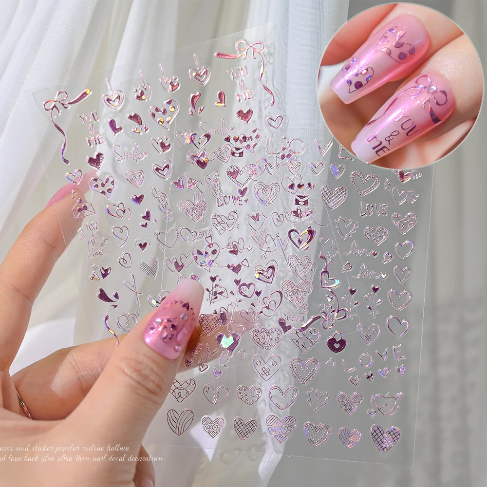 4Pcs Pink Y2K Love Graffiti Holographic Heart Laser Nail Sticker For Valentine's Day 4Color Self-Adhesive Slider Decals Manicure