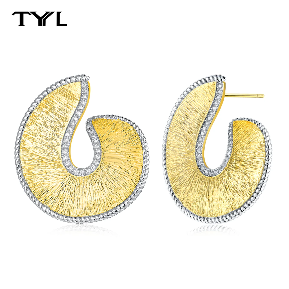 

TYYL Luxury 18K Gold Plated 925 Silver Needle Zircon Earrings For Women Frosted Brushed Wrinkle Stud Earring New Gifts Jewelry