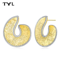 TYYL Luxury 18K Gold Plated 925 Silver Needle Zircon Earrings For Women Frosted Brushed Wrinkle Stud Earring New Gifts Jewelry