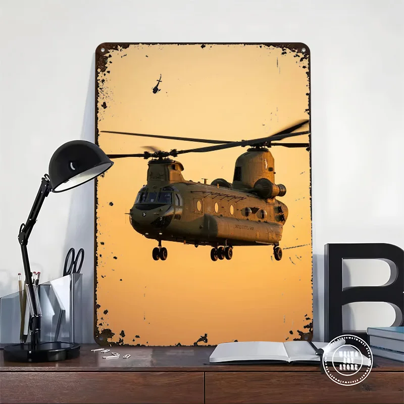 US Army Chinook Helicopter At Sunset Printed Poster Customized Retro Wall Art Vintage Metal Tin Signs for Office Decoration Room