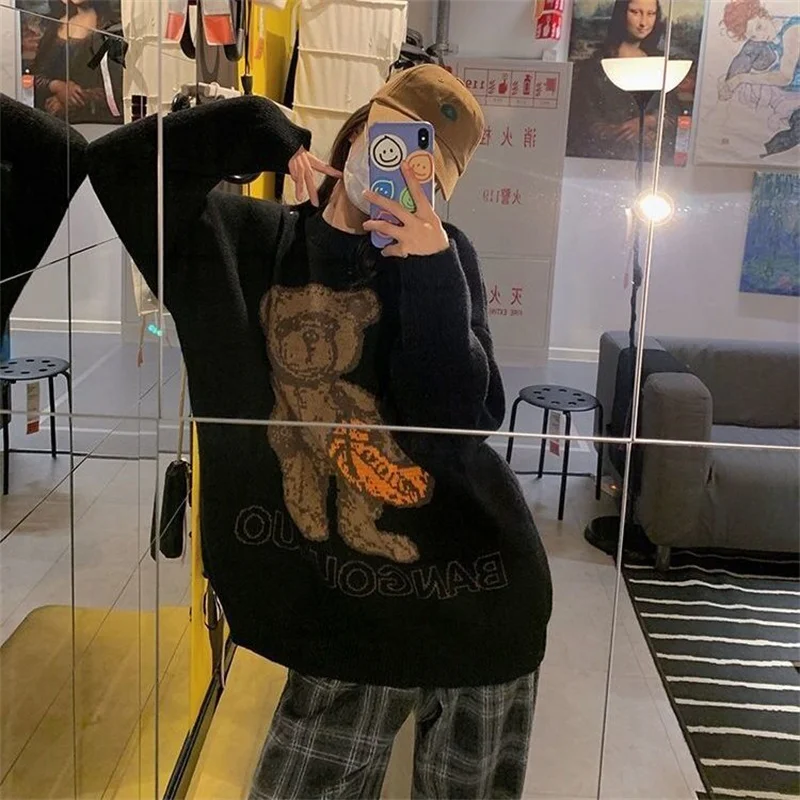 Japan Style Harajuku Women\'s Sweater Oversize Loose Vintage Clothes Autumn Winter Woman Jerseys 2024 Little Bear Pullover Blouse