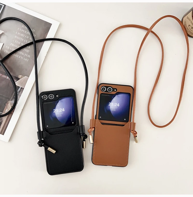 Leather Shoulder Strap Crossbody Card Bag,Phone Case for Samsung Galaxy Z Flip/Z Fold  3, 4, 5, 6,Cute Cartoon Folding Back Cove