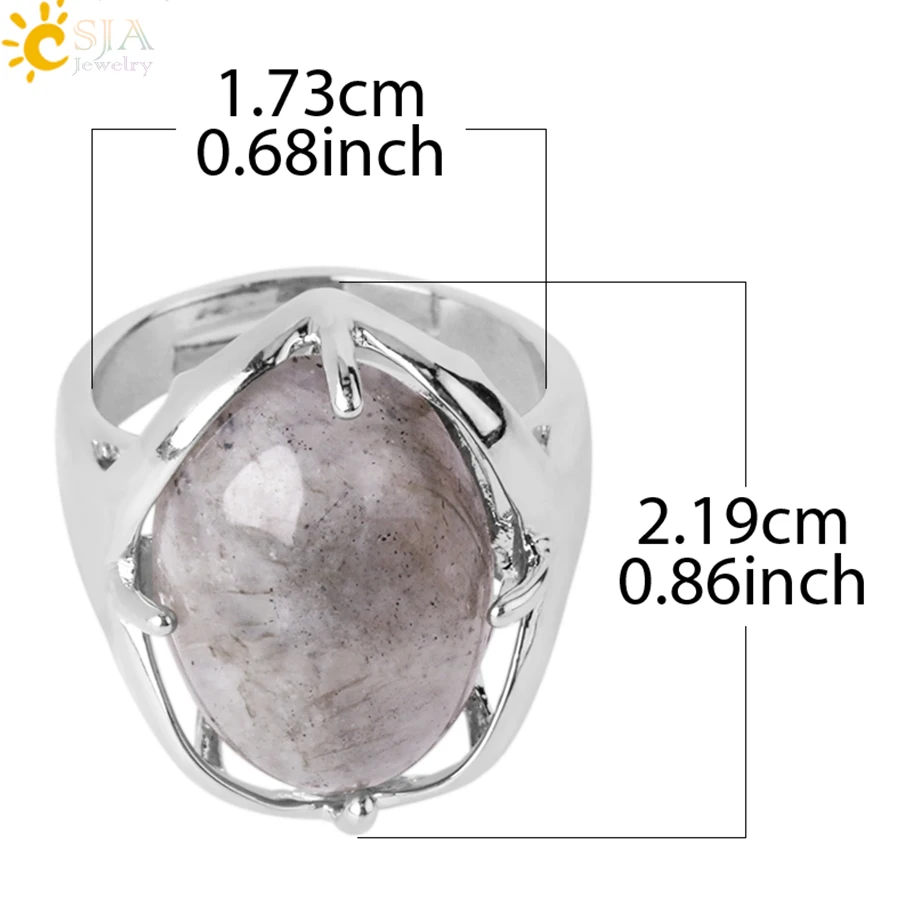 CSJA Natural Stone Ring Women Labradorite Crystal Quartz Ring Water Drop Round Finger Rings Silver Color Adjustable Jewelry G906