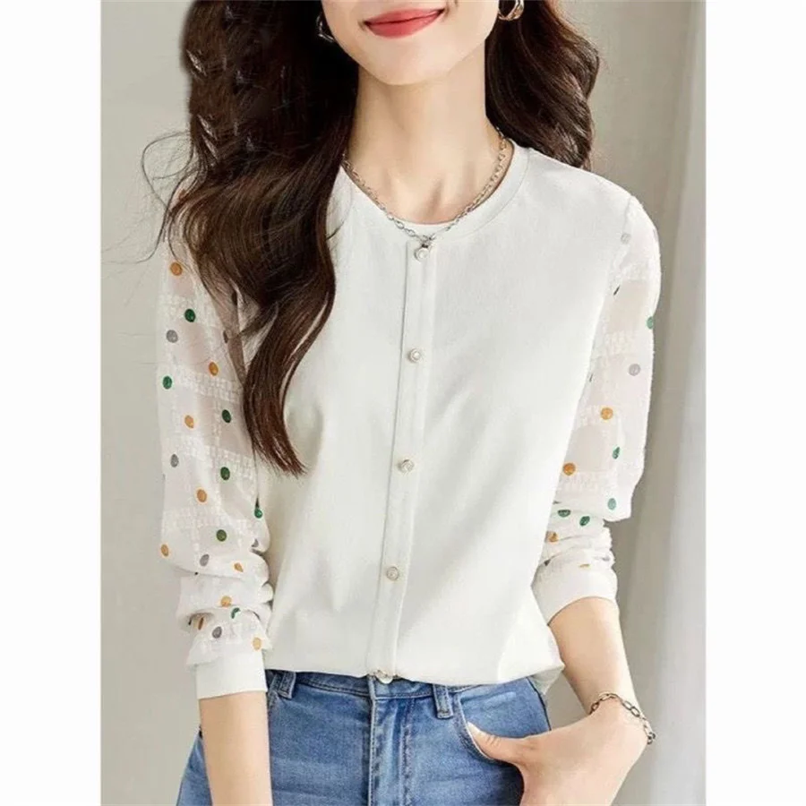 Women Spring Autumn Style Blouses Shirts Lady Casual Long Sleeve O-Neck Polka Dot Printed Blusas Tops DF4719