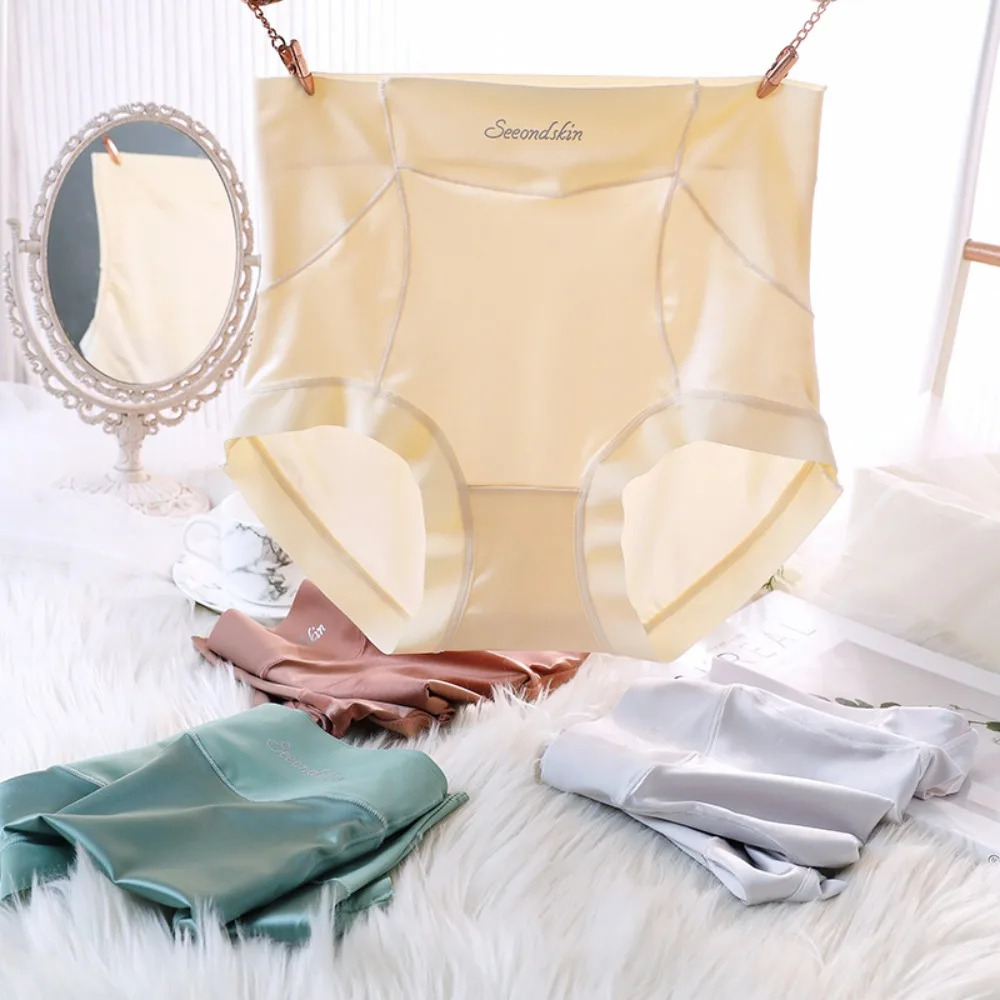 Sous-vêtements confortables sans trace, couleur unie, taille haute pour filles, slips en Satin grande taille, sous-vêtements coréens pour femmes