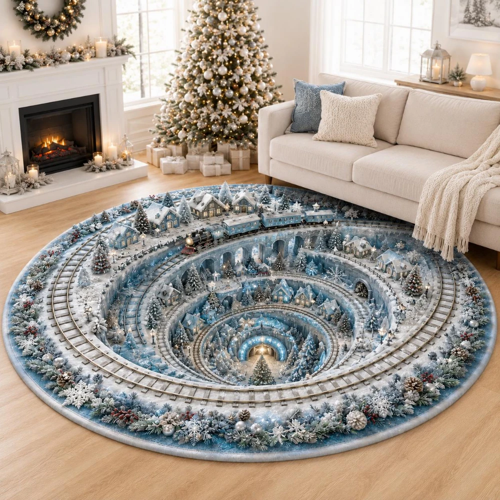 Elegant Christmas Ice Castle Circle Rug Entryway White Angel Spiral Stairs Area Rug Luxury Living Room Bedroom Present