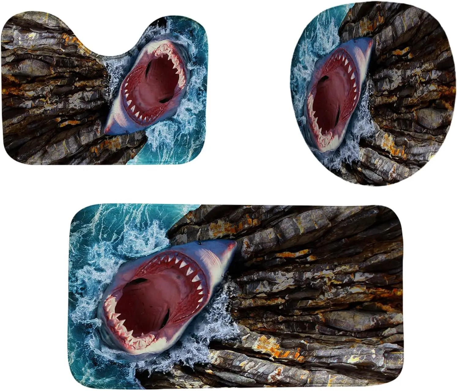 

3PCS Shark Jump Bath Mat Set, U-Shape Toilet Memory Foam Rug, Non-Slip Ultra Soft Absorbent Carpet for Bathroom Tub Shower