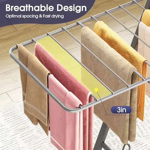 

Breathable 3-Inch Spaced Foldable Metal Drying Rack For Towels Sweaters Clothes Indoor Outdoor Use Height Adjustable Grey