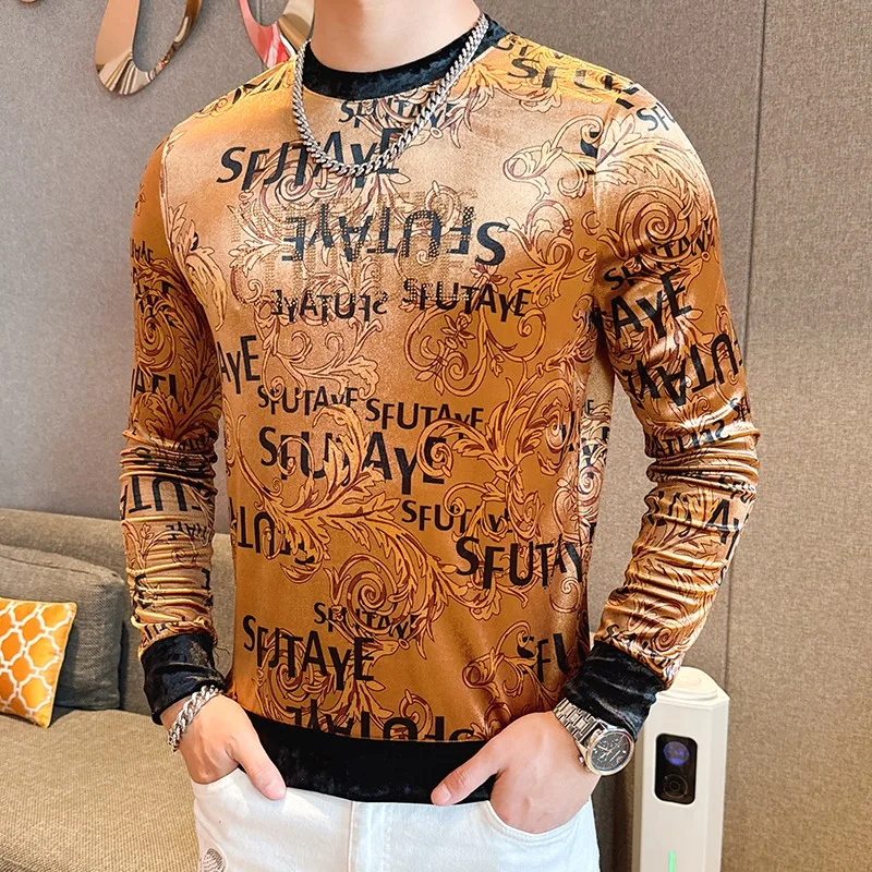 Luxury Gold Velvet Men\'s Hoodie Sweatshirt Retro Print Printed Slim Fit Casual Round Neck Pullover Social Fashion Men Clothing