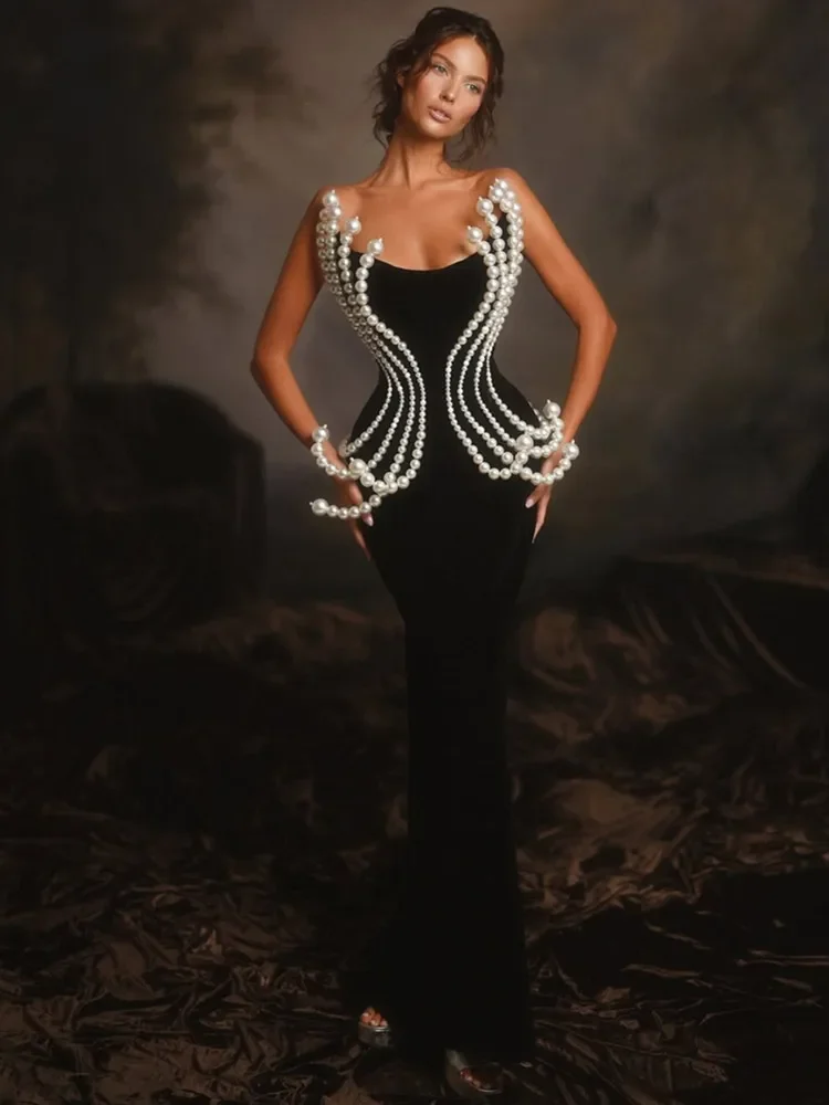 

2025 Women Celebrity Sexy Backless Strapless Black Pearl Maxi Long Bandage Bodycon Dress Elegant Evening Club Party Outfit