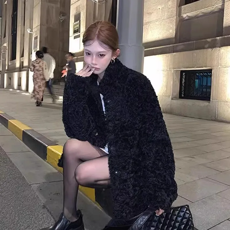 

Lamb Wool Jacket Small Mujer Botton Oil Proof Deerskin Ethnic Dual Tone Sun Protective Tear Resistant Multi Colored Sequined Ins