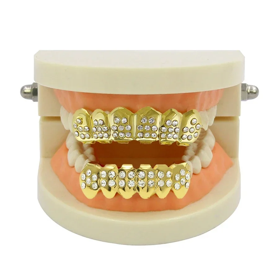 

Unisex Gold Plated Iced out CZ Teeth Grillz Set Bling Full Zircon Pave Top & Bottom Punk Hip Hop Dental Jewelry Accessory