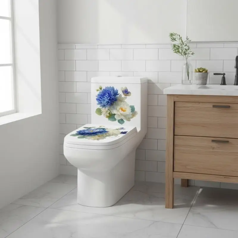 Self-Adhesive Bird-and-Flower Toilet Seat Stickers Waterproof Decor for Home Bathroom Living Space Decoration