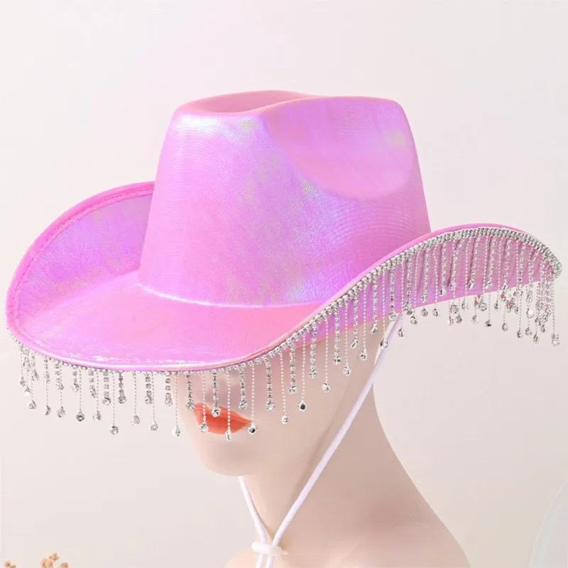 

The women's top hat is elegant with shiny water tassels and has a wide brim glittering