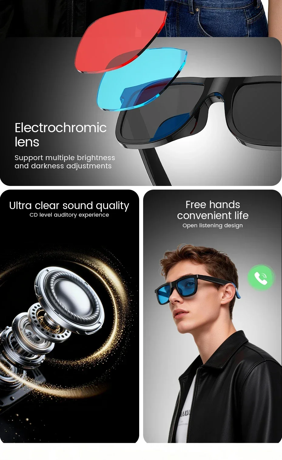 2026 Neue Audio-Smart-Brille mit elektrochromen Gläsern, magnetischer Aufladung, ultraklarem Bild, Bluetooth-Anruffunktion und Musikwiedergabe – Detail 3