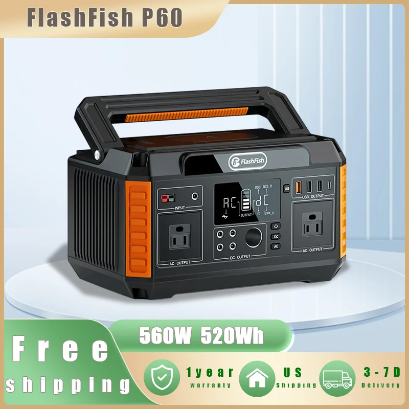 Flashfish P60 Tragbares Kraftwerk, 520 W, Solargenerator, 520 Wh Lithium-Ionen-Akku, Heim-Backup, Outdoor, Camping, mobile Stromversorgung