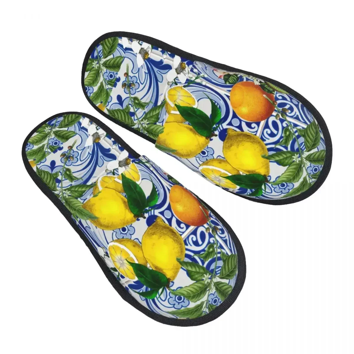 Mediterranean Lemon On Blue Ceramic Tiles Guest Slippers for Spa Women Custom Print Summer Citrus Fruit House Slipper