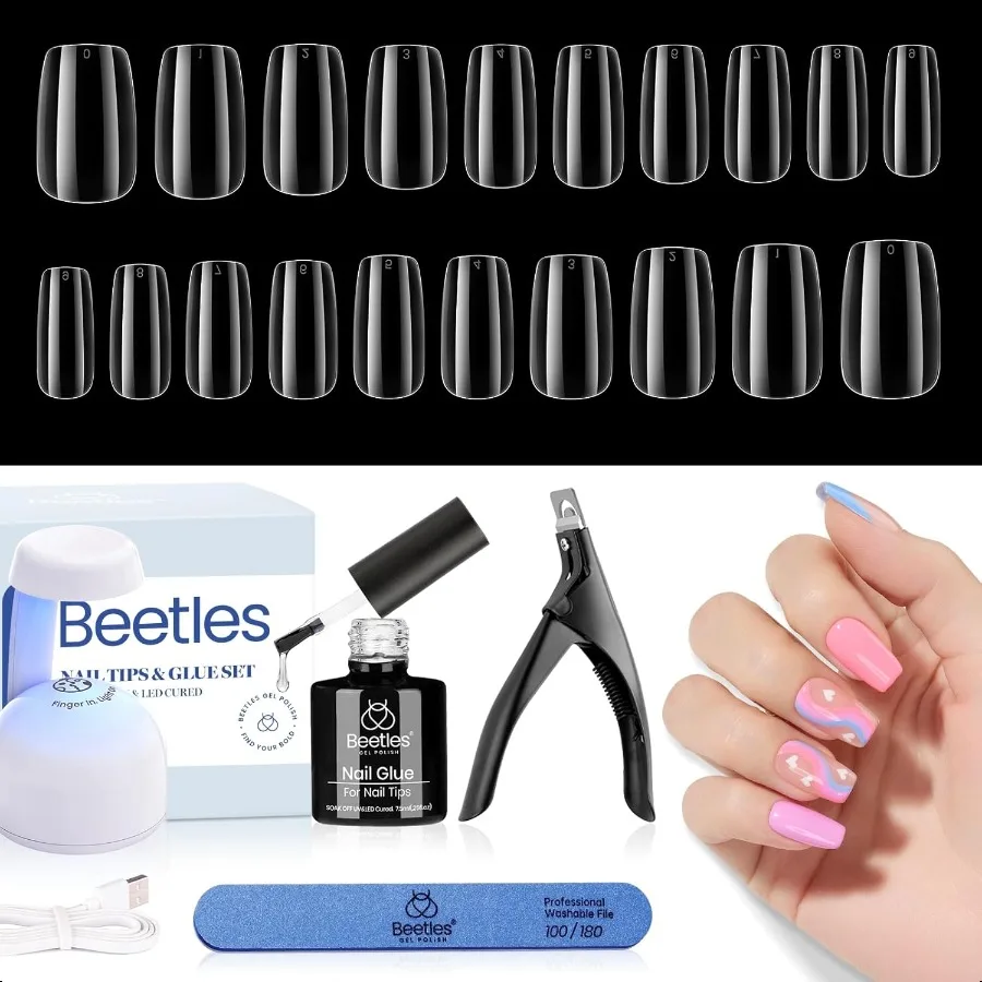 

Набор для гелевых ногтей Beetles Easy Nail Extension Set 240 шт. Мягкие короткие квадратные типсы с клеем для ногтей 5 в 1, гель и светодиодной лампой, акрил
