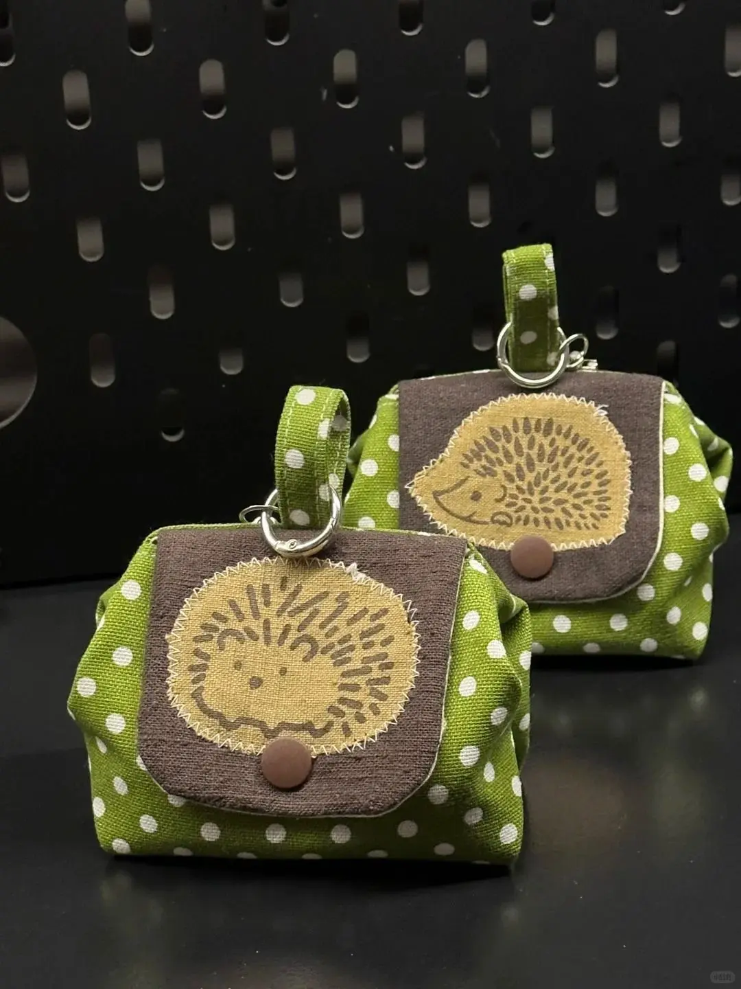 Mini Fabric Pouch With Cute Embroidered Hedgehog, Green White Polka Dots Design, Lovely Key Wallet For Storing Daily Small Items