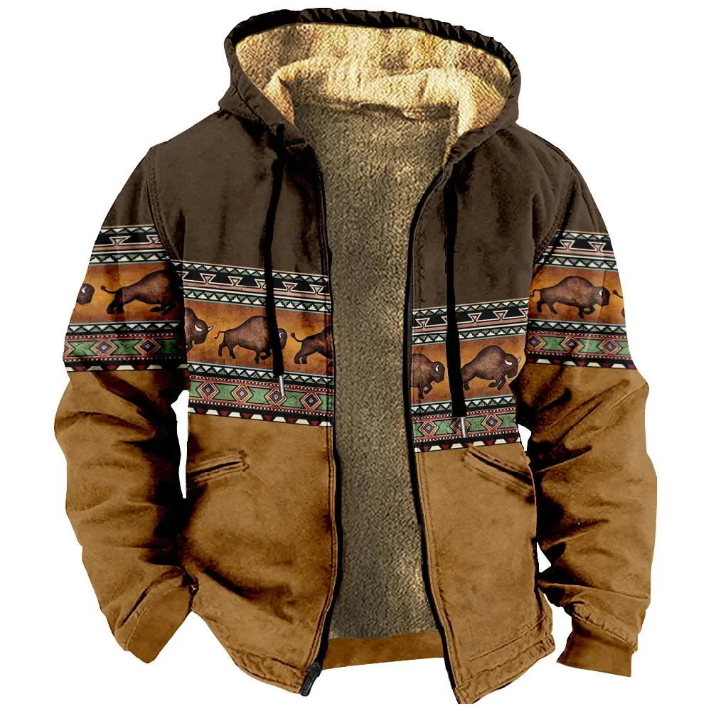 Men Jacket Cardigans Native Aztec Buffalo Coats Festival Printed Thick Outdoor Hunting Fleece Winter Casual Streetwear Clothing