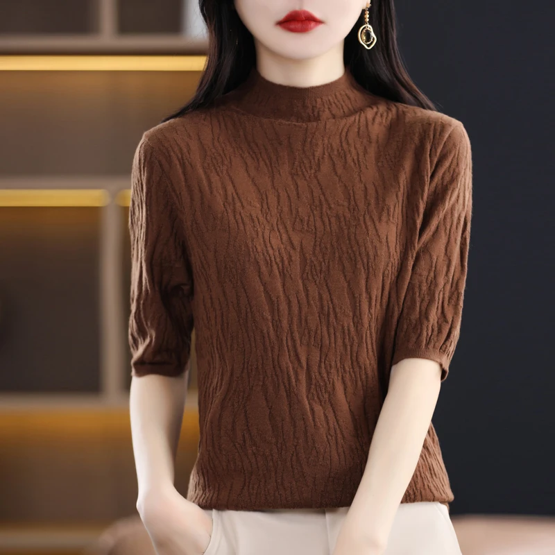 Merino Wool Sweater Spring Autumn Half High Neck Half‑Sleeve Ribbed Knit Jumper Sophisticated Mature Look Solid‑Color Base Layer