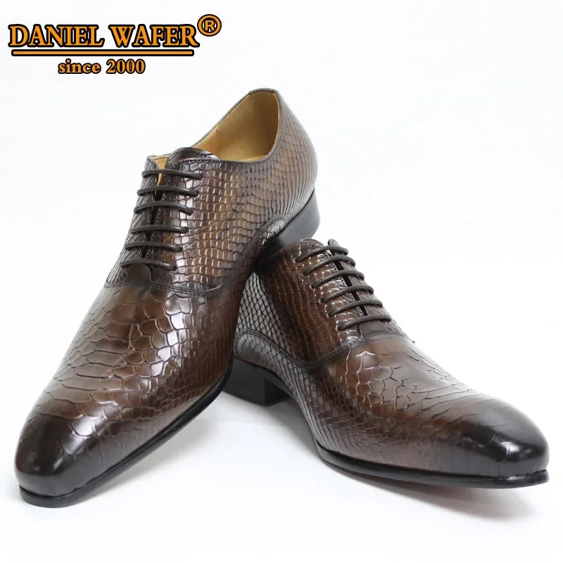 Luxury Men's Oxford Shoes Snake Skin Print Classic Dress Leather Coffee/Black Pointed Toe Lace-Up Formal Shoes